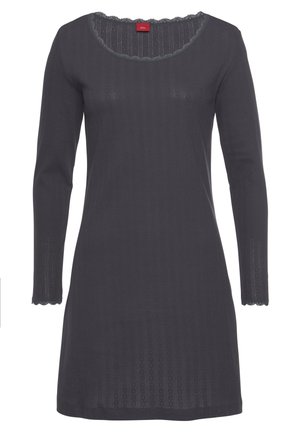 Long-sleeve, dark gray dress made of soft fabric with a scalloped neckline and textured vertical stripes. Features lace trim at cuffs.