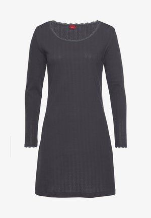 Long-sleeve, dark gray dress made of soft fabric with a scalloped neckline and textured vertical stripes. Features lace trim at cuffs.