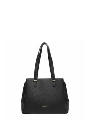 Schwarze, genarbte Leder-Shopper-Tasche mit doppelten Schulterriemen und dezentem metallischen Markenlogo in der vorderen Mitte.