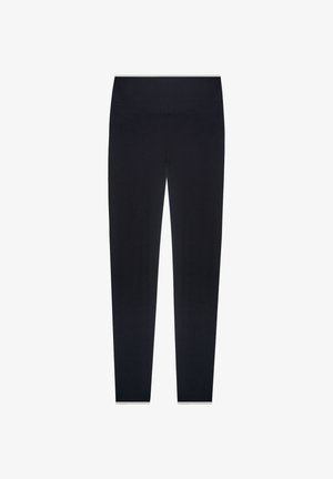 Zwarte leggings tot op de enkels met een hoge tailleband, aansluitende pasvorm, naadloos ontwerp, weergegeven tegen een witte achtergrond.