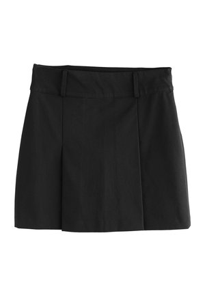 Black A-line mini skirt with belt loops and a slight front pleat, made from smooth fabric with a fitted waistband.