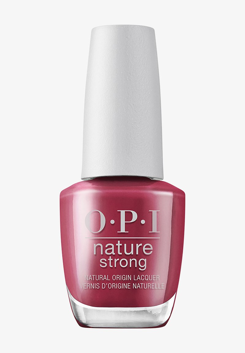 Flasche mit OPI Nature Strong Nagellack natürlichen Ursprungs in tiefrosé mit weißem Deckel.