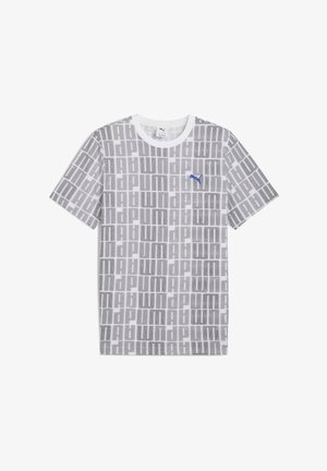 Pilkas ir baltas raštuotas marškinėliai su apvaliu kaklu, trumpomis rankovėmis ir mėlynu Puma logotipu ant krūtinės. Pagaminti iš kvėpuojančios medžiagos.