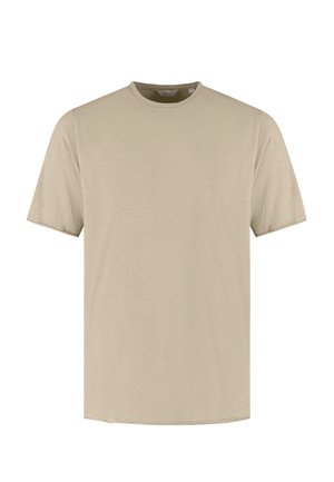 Béžové tričko s krátkým rukávem a kulatým výstřihem, jednobarevné provedení a měkká, mírně texturovaná tkanina.