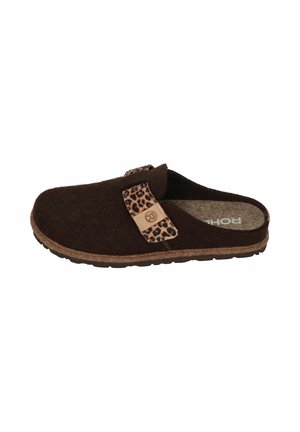 Brown felt slipper with a leopard print accent strap and a textured insole. Features a brown rubber outsole for grip and durability.