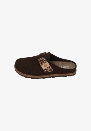 Brown felt slipper with a leopard print accent strap and a textured insole. Features a brown rubber outsole for grip and durability.