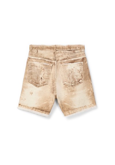 Faded beige corduroy shorts with distressed details, two back pockets, belt loops, and raw hems.