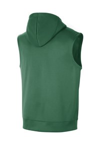 Zöld, ujjatlan kapucnis pulóver, amely puha anyagból készült és testhez simuló fazonú. Jellemzője a kapucni és a sima textúra. Nincs látható logó vagy grafika.