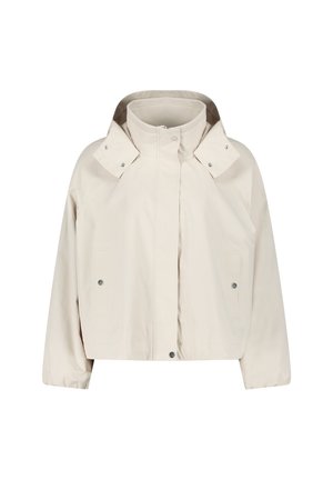 Krótka beżowa kurtka wykonana z gładkiej tkaniny. Posiada wysoki kołnierz, zatrzaski oraz dwie boczne kieszenie, o prostym kroju i luźnym fasonie.