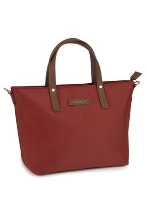 Bolso tote rojo con asas marrones, cierre de cremallera y etiqueta "VIVI SENCE" en el centro frontal.