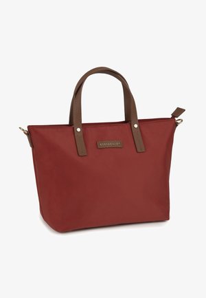 Bolso tote rojo con asas marrones, cierre de cremallera y etiqueta "VIVI SENCE" en el centro frontal.