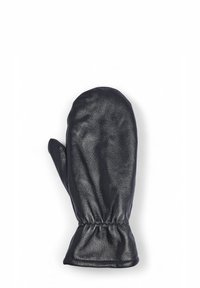 Črna usnjena rokavica z gladko teksturo, zaobljeno obliko, elastičnim manšetom in brez vidnih vzorcev ali kovinskih podrobnosti.
