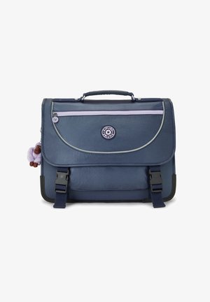 Navy blue messenger bag with gray accents, two buckles, a top handle, and a front zipper pocket. Features a stuffed monkey keychain.