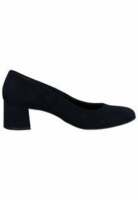 Escarpin femme en daim noir à talon bas, bout arrondi et talon bloc, présenté de profil sur fond blanc.