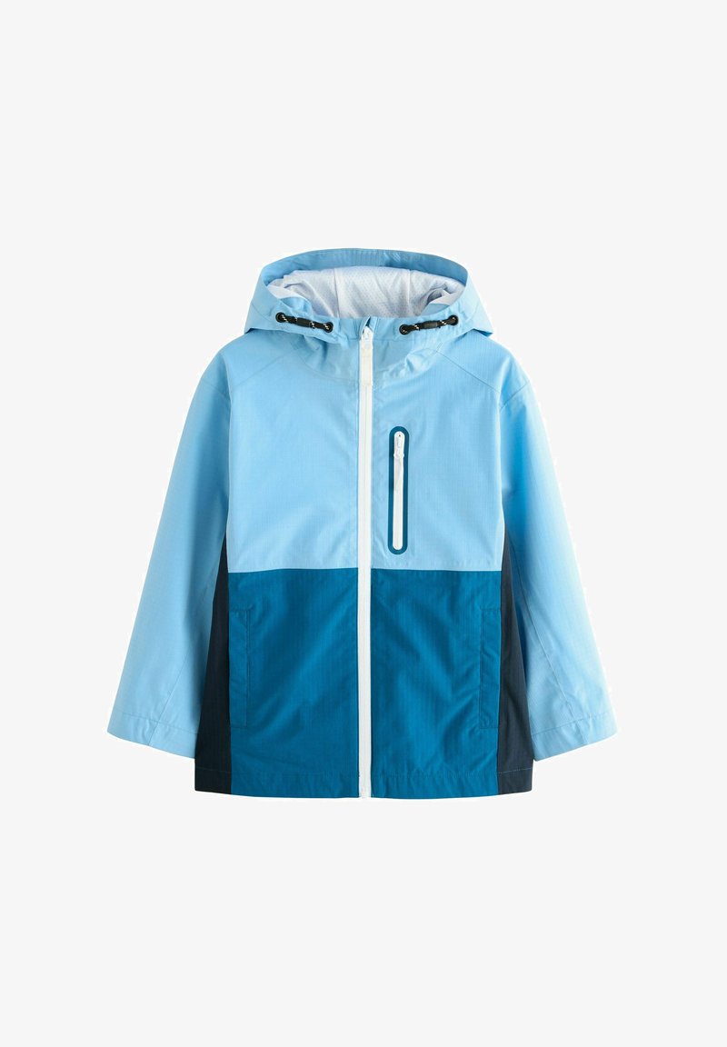 Laste kapuutsiga vihmajope helesiniste ja tumedate siniste värvivalikutega, esikinnis luku ja rinnataskuga, millel on vertikaalne lukk.