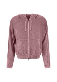Sudadera de pana rosa con cremallera frontal, capucha con cordón, dos bolsillos frontales y puños y dobladillo elásticos. Superficie texturada.