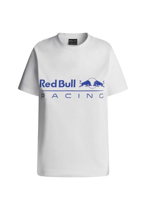 Weißes Baumwoll-T-Shirt mit einem großen blauen "Red Bull Racing"-Logo und Zwillingsbullen-Grafiken. Kurzärmlig und mit Rundhalsausschnitt.