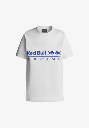 Weißes Baumwoll-T-Shirt mit einem großen blauen "Red Bull Racing"-Logo und Zwillingsbullen-Grafiken. Kurzärmlig und mit Rundhalsausschnitt.