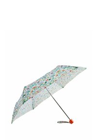Kompaktne vihmavari mustrilise kattega, kus on mitmevärvilised lillemustrid ja multifilmitegelased, metallkarkass ja oranži kummist käepide.