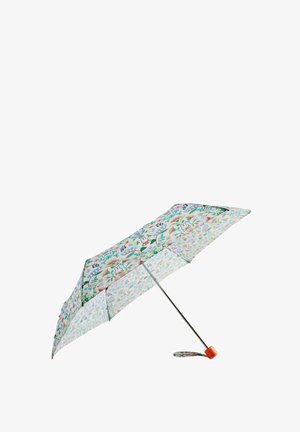 Kompakt esernyő mintás ponyvával, amely sokszínű virágokat és rajzfilmes figurákat ábrázol, fémszerkezettel és narancssárga gumírozott fogantyúval.