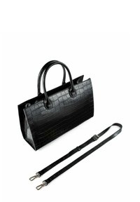 Borsa tote in pelle nera con effetto coccodrillo, dotata di due manici superiori e tracolla removibile. Texture liscia, forma rettangolare e design minimalista.