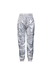 Zilveren, lichte cargo-broek met een elastische tailleband, taps toelopende boorden en twee zijzakken; glanzende textuur met een losvallend ontwerp.