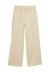 Pantalons larges beiges avec une taille à cordon, fabriqués à partir d'un tissu léger. Présentent des rayures verticales discrètes et deux poches latérales.