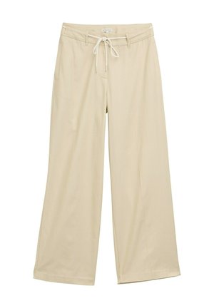 Pantalones anchos beige con cintura ajustable, hechos de una tela ligera. Presentan finas rayas verticales y dos bolsillos laterales.