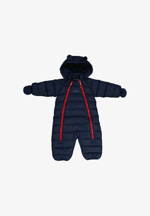 Navy blue puffer snowsuit with a hood, featuring red zippers and bear ear accents. Soft material with quilted texture for warmth.