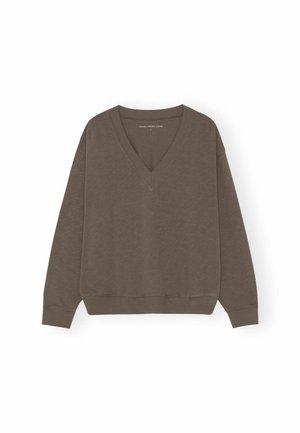 Brązowa bluza z dekoltem w serek, długimi rękawami i ściągaczem u dołu. Wykonana z miękkiego, teksturowanego materiału, z luźnym fasonem.