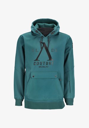 Teal pullover-hoodie med snøredetalj på hetta, stor frontlomme, svarte detaljer og trykt logo. Glatt stoff med en lett tekstur.