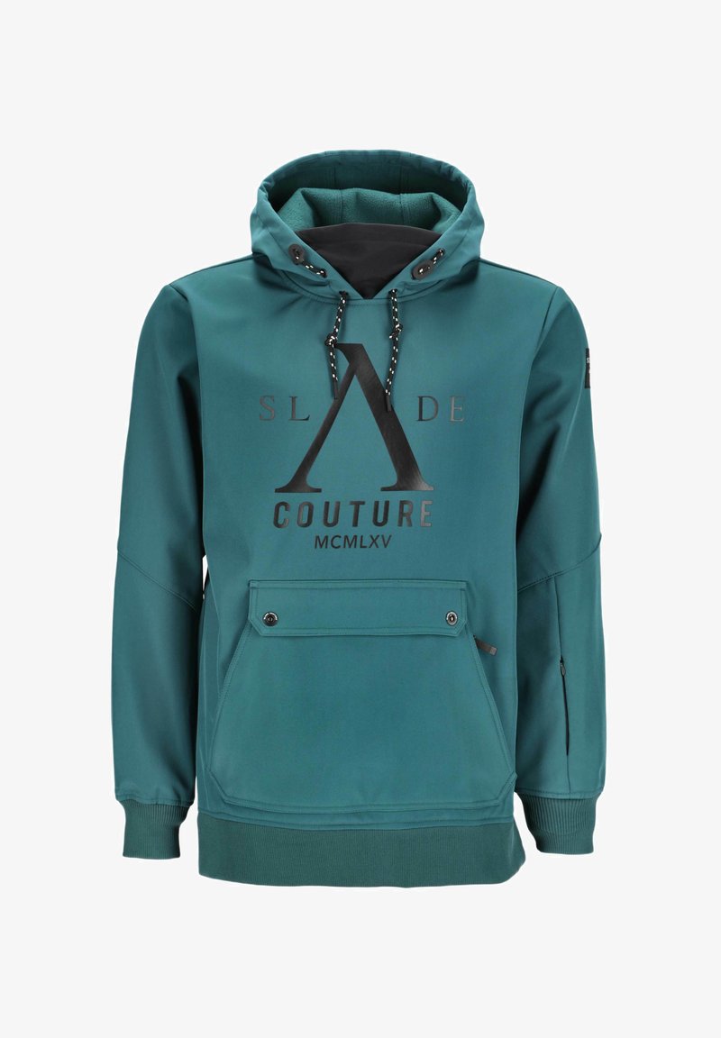 Turkusowy hoodie z kapturem na sznurki, dużą kieszenią z przodu, czarnymi akcentami i nadrukowanym logo. Gładki materiał o lekko chropowatej fakturze.