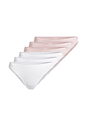 Fünf Damen-Bikiniunterhosen in einer gestaffelten Anordnung, drei in Hellrosa und zwei in Weiß, auf weißem Hintergrund gezeigt.