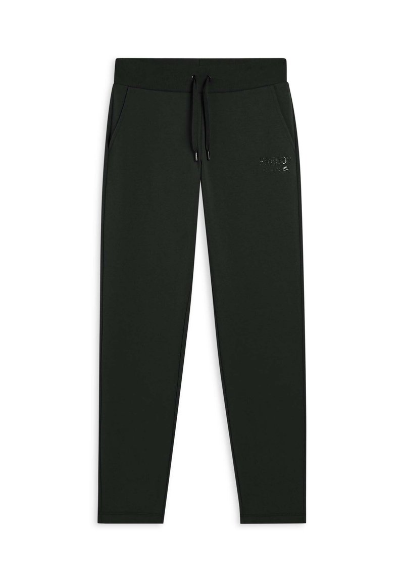 Pantalons de jogging vert foncé en tissu doux, dotés d'une taille élastique avec cordons de serrage noirs et de deux poches latérales.