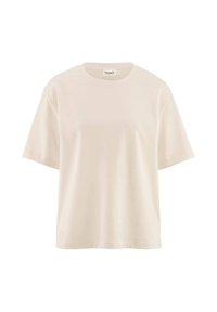 Kurzärmliges T-Shirt mit Rundhalsausschnitt aus hellbeiger Baumwolle. Hat einen lockeren Schnitt und eine glatte Textur ohne sichtbare Muster oder Akzente.