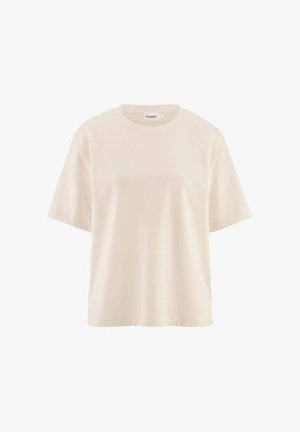 Kurzärmliges T-Shirt mit Rundhalsausschnitt aus hellbeiger Baumwolle. Hat einen lockeren Schnitt und eine glatte Textur ohne sichtbare Muster oder Akzente.