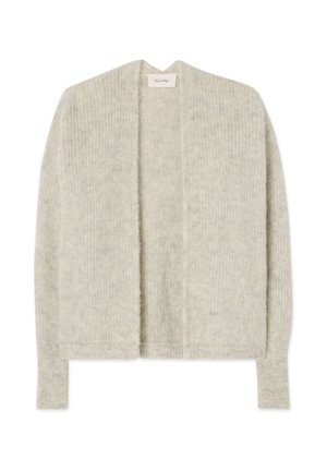 Light gray cardigan made of soft knit material. Features an open front, long sleeves, and ribbed texture throughout.