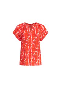 Rode blouse met korte mouwen, voorzien van een V-hals, geplooide schouders en een kronkelend abstract patroon in wit en roze.