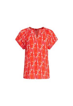 Rote kurzärmelige Bluse mit V-Ausschnitt, gerafften Schultern und einem spiralförmigen abstrakten Muster in Weiß und Rosa.