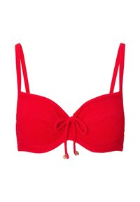 Top de bikini rojo con material texturizado, soporte con varillas, tirantes delgados ajustables y un lazo central con detalles dorados.