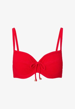 Crvena bikini majica s teksturiranim materijalom, potporom u obliku kostiju, podesivim tankim trakama i središnjim vezanjem s zlatnim detaljima.