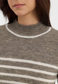 Brunstripet sweater med høj hals og hvide striber. Blødt, struktureret strikmateriale. Har en ribbet krave og tætsiddende design.