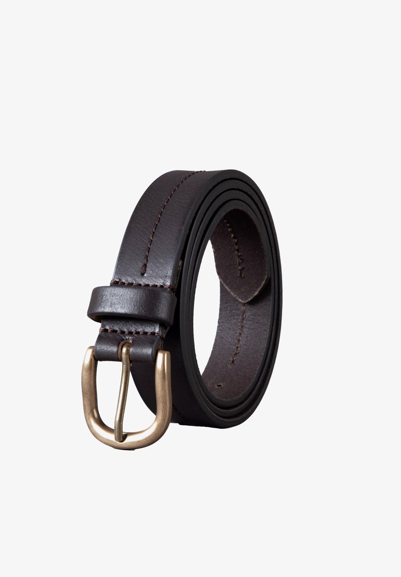 Brown leather belt with intricate stitching, a brass buckle, and a smooth texture. Adjustable length with a classic design.