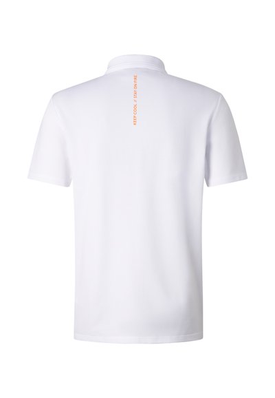White short-sleeve polo shirt viewed from the back, featuring small vertical orange text near the collar reading "KEEP COOL // STAY ON FIRE".