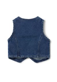 Dunkelblaues Denim-Weste mit einem taillierten Design, rohem Saum und ärmellosem Schnitt. Verfügt über tonale Nähte und einen gerundeten Ausschnitt.