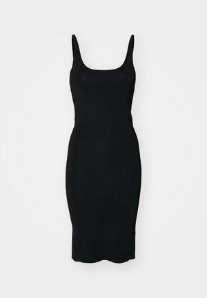 Robe noire à bretelles spaghetti, design ajusté, longueur genou, tissu lisse. Présente un décolleté ras du cou et une silhouette simple et épurée.