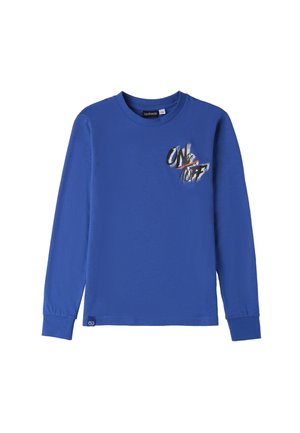 Langärmliges blaues Hemd aus Baumwolle. Mit einem grafischen Design, das "ON" und "OFF" in Schwarz und Rot auf der Vorderseite zeigt. Klassischer Rundhalsausschnitt.