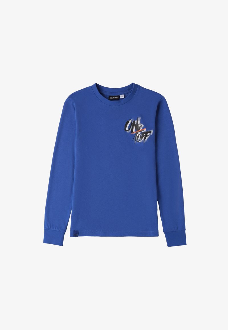 Langärmliges blaues Hemd aus Baumwolle. Mit einem grafischen Design, das "ON" und "OFF" in Schwarz und Rot auf der Vorderseite zeigt. Klassischer Rundhalsausschnitt.