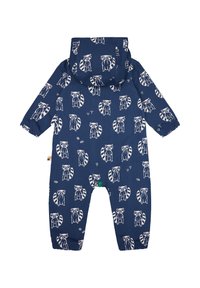 Marineblauer Overall mit Raketenmustern, mit Kapuze und elastischen Bündchen. Hergestellt aus weichem Stoff; enthält ein Etikett mit grünem Akzent.