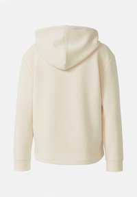 Felpa con cappuccio in morbido tessuto crema. Presenta maniche lunghe, una vestibilità comoda e una texture liscia senza motivi o dettagli visibili.